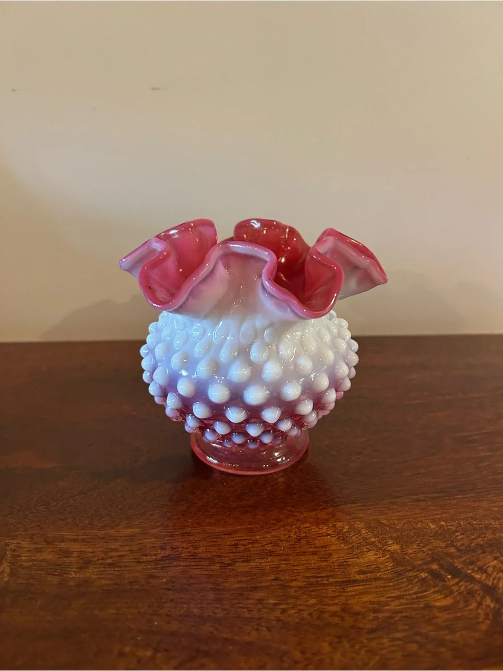 Vintage Fenton Hobnail Pink and White Glass Vase - 4.5” tall